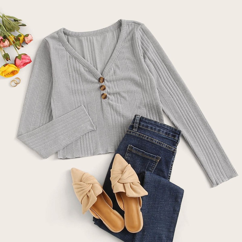 

V Neck Long Sleeve Ribbed Crop Top, Grey