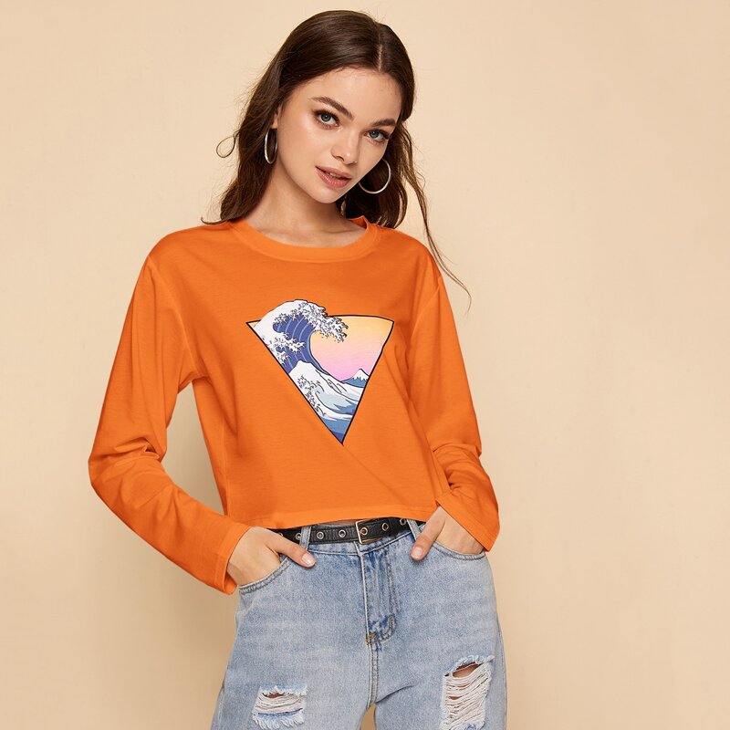 

Neon Orange Graphic Print Crop Tee