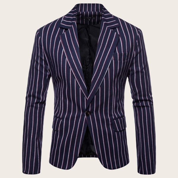

Men Vertical Stripe Single Button Blazer, Navy