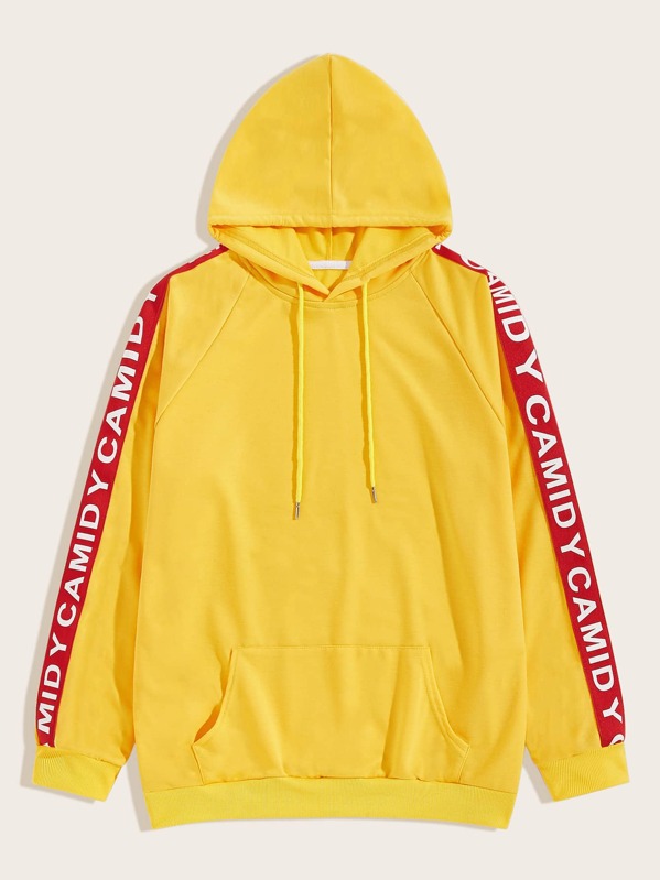 

Men Letter Tape Drawstring Hoodie, Yellow