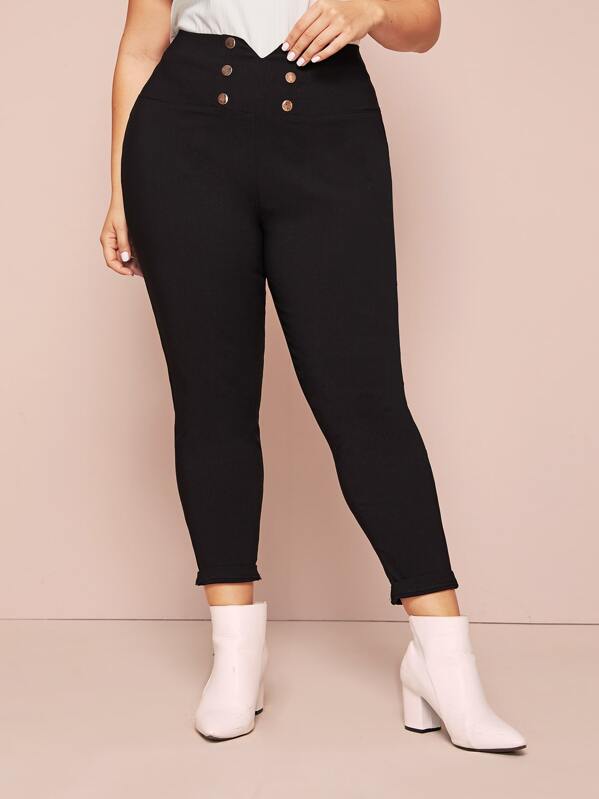 

Plus Wide Band Waist Double Button Jeans, Black, Franziska
