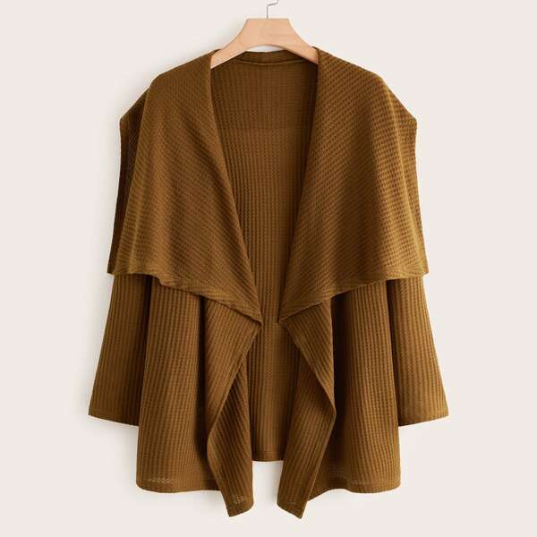 

Plus Waterfall Collar Waffle Knit Cardigan, Brown