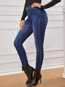 Jeans ajustados rotos sin cinturón - Azul Marino - Ver 4