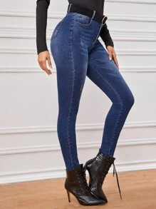 Jeans ajustados rotos sin cinturón - Azul Marino - Ver 1