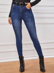 Jeans ajustados rotos sin cinturón - Azul Marino - Ver 3