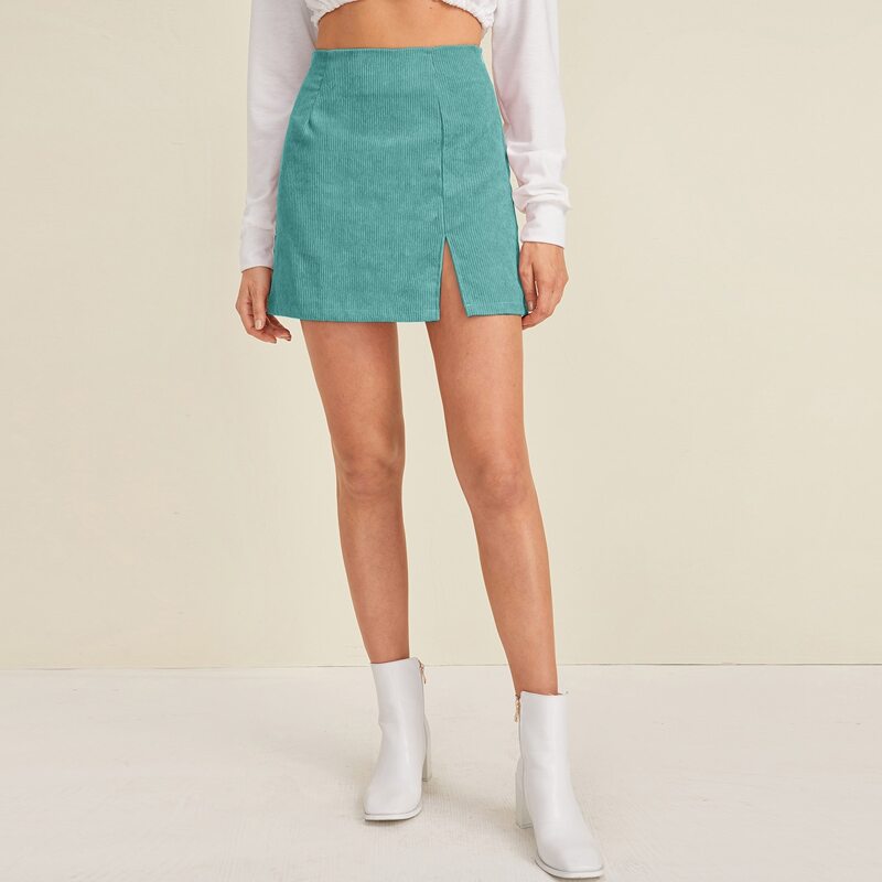 

Turquoise High Waist Corduroy Mini Skirt, Green