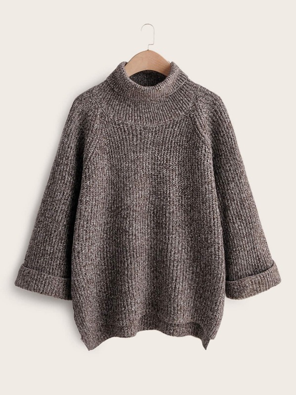 

High Neck Rolled Cuff Sweater, Brown