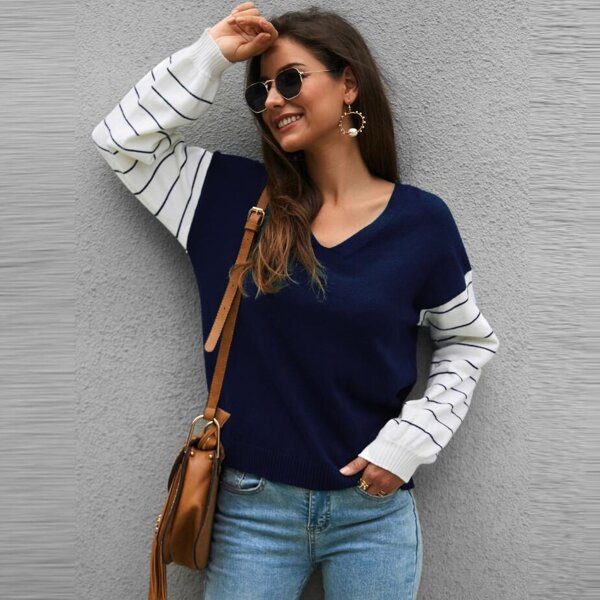 

V-neck Contrast Stripe Sleeve Sweater, Navy