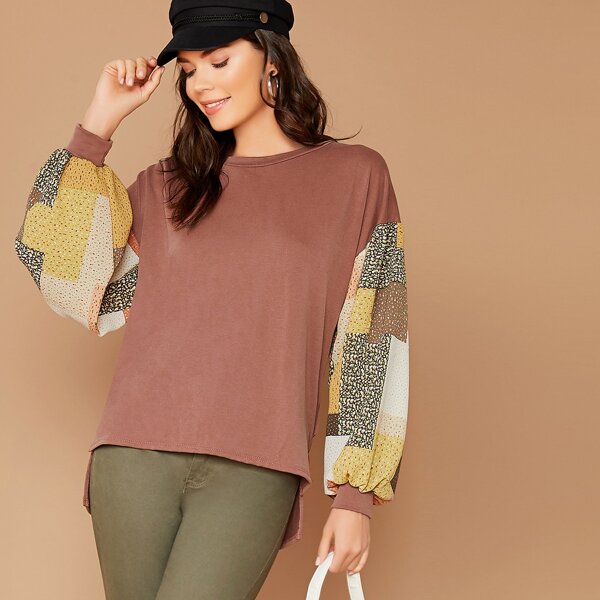 

Floral Printed Bubble Sleeve Dip Hem T-Shirt, Multicolor