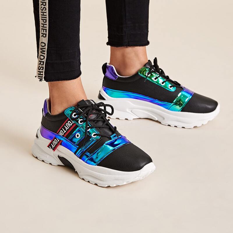 

Holographic Lace Up Chunky Trainers, Multicolor