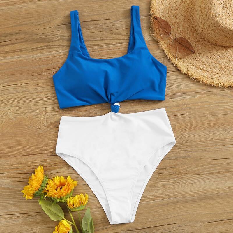 

Two Tone Knot One Piece Swimsuit, Multicolor