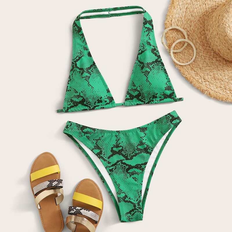 

Snakeskin Halter Top With High Cut Bikini Set, Green