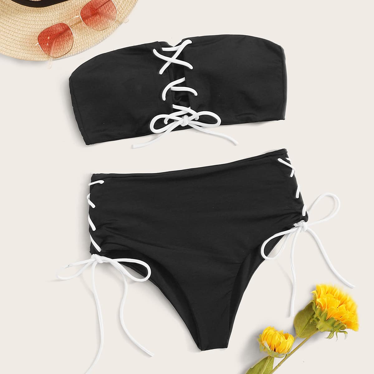 

Lace Up Bandeau Bikini Set, Black