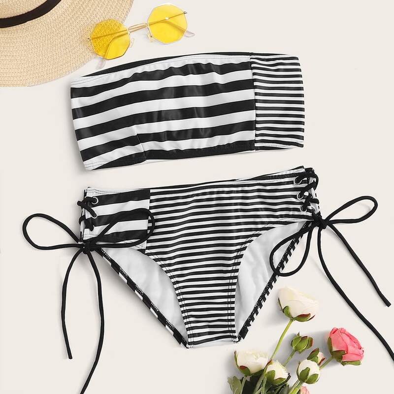 

Striped Bandeau With Lace-up Side Bikini Set, Black and white