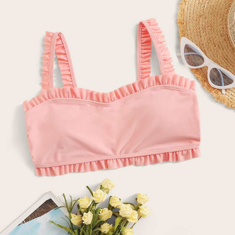 

Frill Trim Tank Bikini Top, Pink