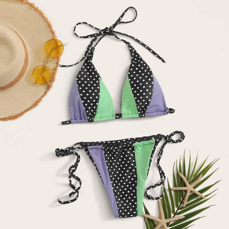 

Polka Dot Halter Top With Tie Side Bikini, Multicolor
