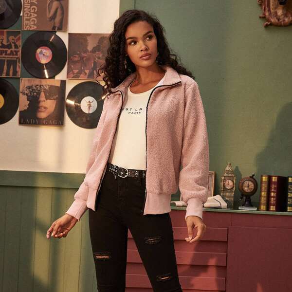 

Solid Zip Up Teddy Jacket, Pink