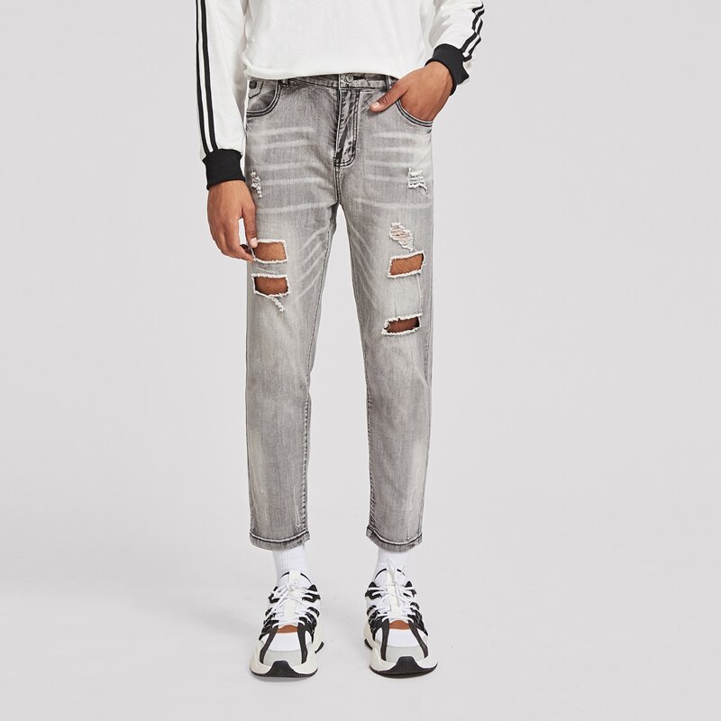 

Guys Ripped Roll Up Hem Skinny Jeans, Grey