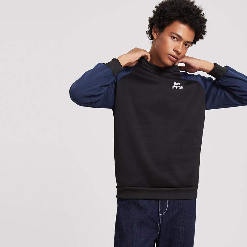 

Guys Contrast Raglan Sleeve Letter Embroidery Sweatshirt, Black