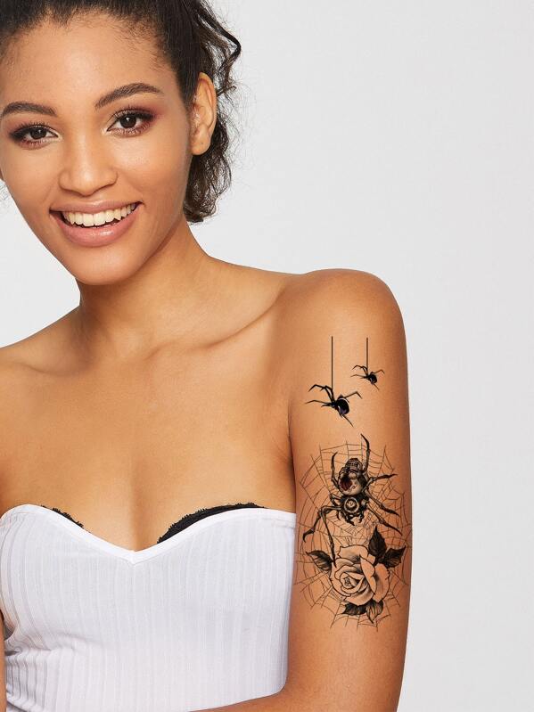 

1sheet Spider & Rose Pattern Tattoo Sticker, Black