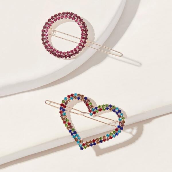 

2pcs Girls Rhinestone Engraved Heart & Round Decor Hair Clip, Multicolor