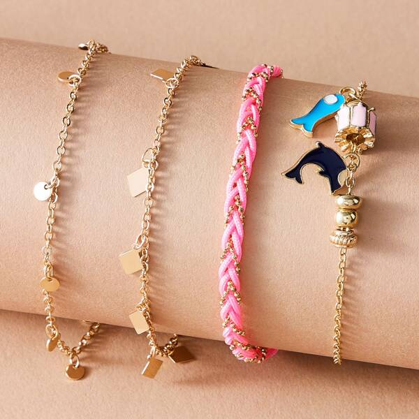 

4pcs Fish & Disc Decor Anklet Set, Multicolor
