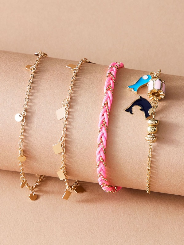 

4pcs Fish & Disc Decor Anklet Set, Multicolor