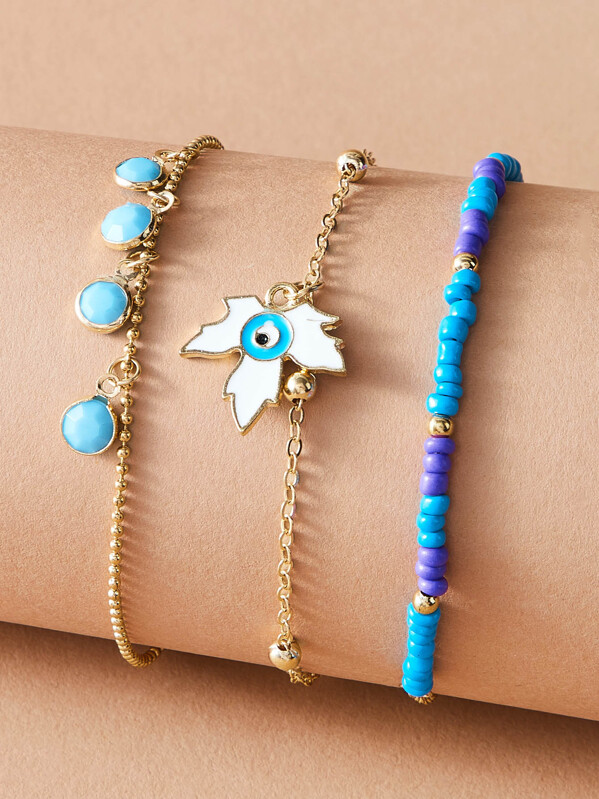 

3pcs Maple & Bead Decor Anklet Set, Blue