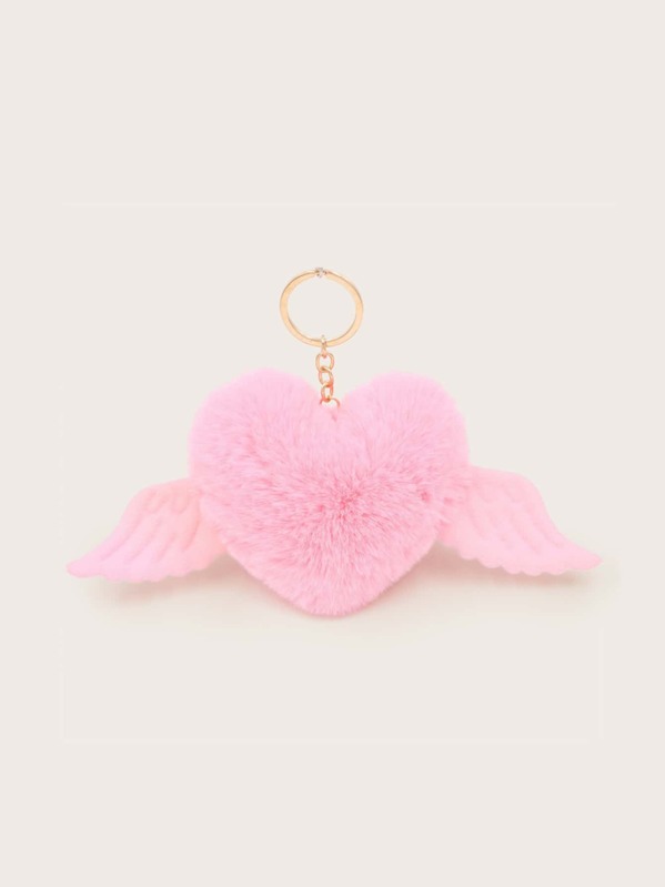 

Fluffy Heart & Wing Charm Keychain, Pink