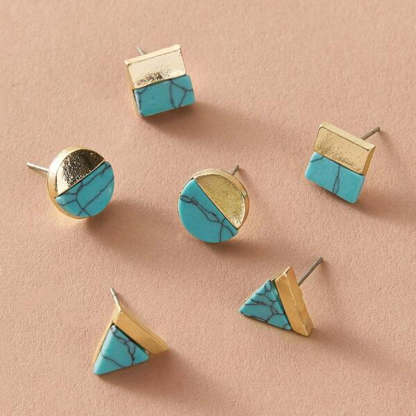 

3pairs Triangle & Square Stud Earrings, Turquoise