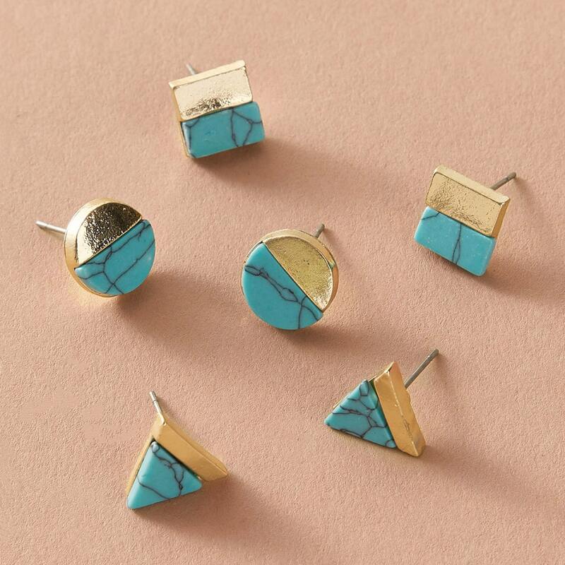 

3pairs Triangle & Square Stud Earrings, Turquoise