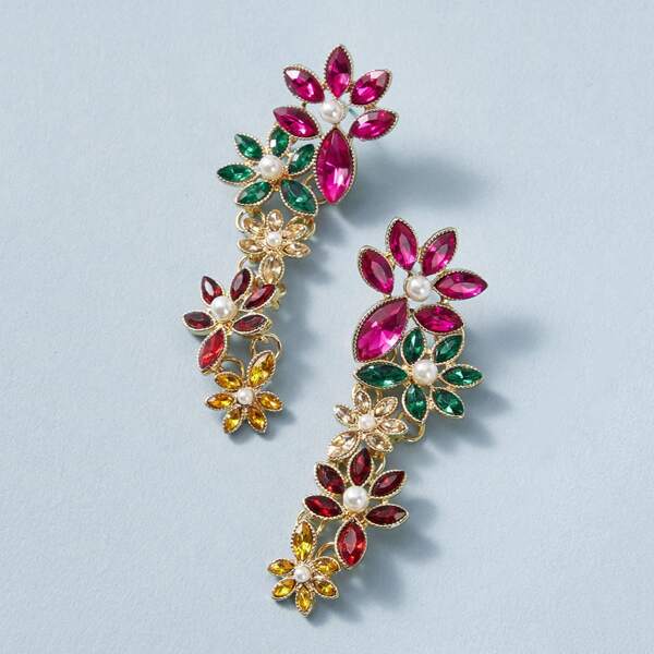 

1pair Gemstone Engraved Flower Drop Earrings, Multicolor