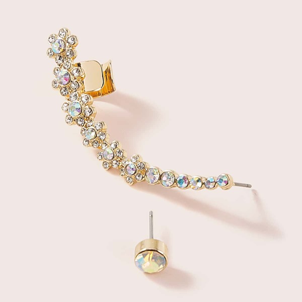 

1pair Rhinestone Engraved Mismatched Earrings, Gold