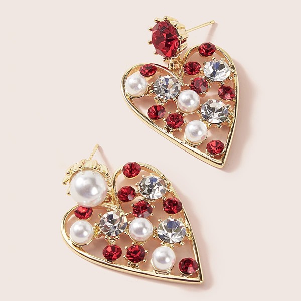 

1pair Faux Pearl & Gemstone Engraved Heart Drop Earrings, Multicolor