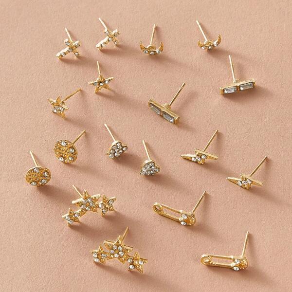 

9pairs Rhinestone Engraved Cross & Star Earrings, Gold