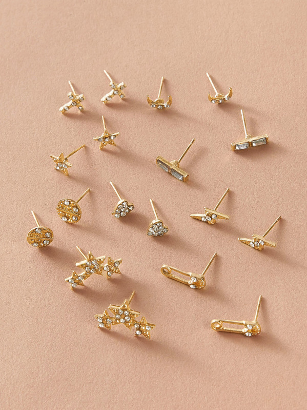 

9pairs Rhinestone Engraved Cross & Star Earrings, Gold