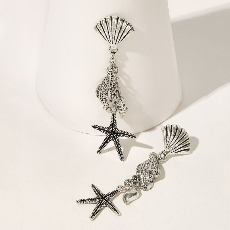 

1pair Shell & Starfish Drop Earrings, Silver