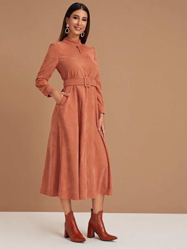 

Keyhole Front Self Tie Corduroy Dress, Orange, Gabe