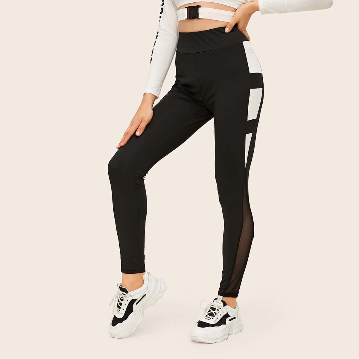 

Contrast Sheer Mesh Color-Block Leggings, Black