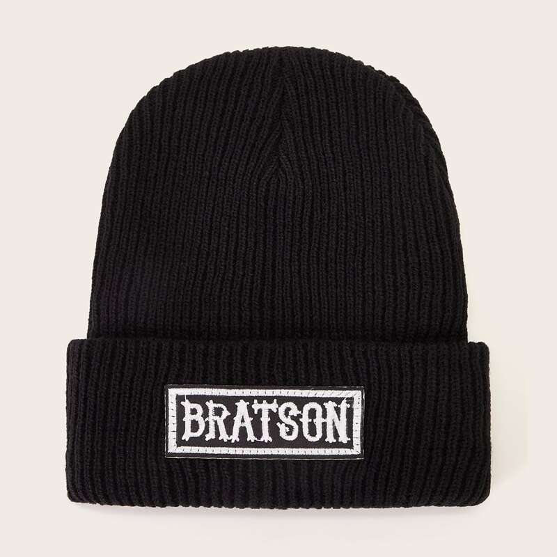 

Letter Patched Knit Beanie, Black