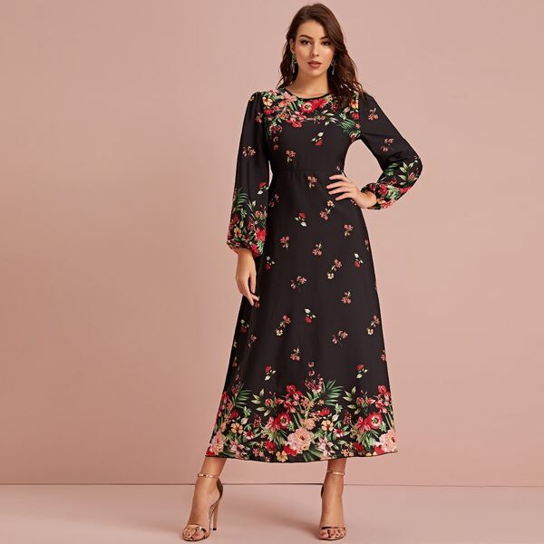 

Bishop Sleeve Floral Print A Line Dress, Black