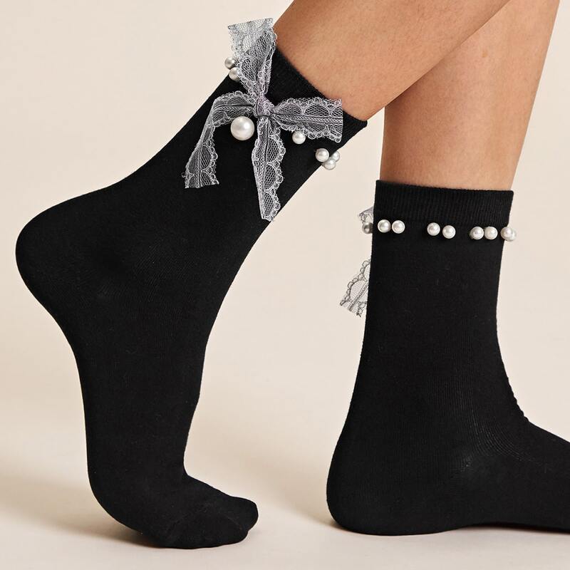 

1pair Faux Pearl Decor Lace Bow Knot Socks, Black