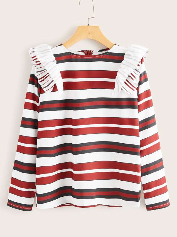 

Ruffle Trim Zipper Back Striped Tee, Multicolor