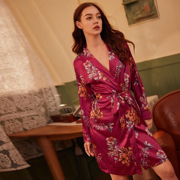 

Floral Print Belted Satin Robe, Burgundy