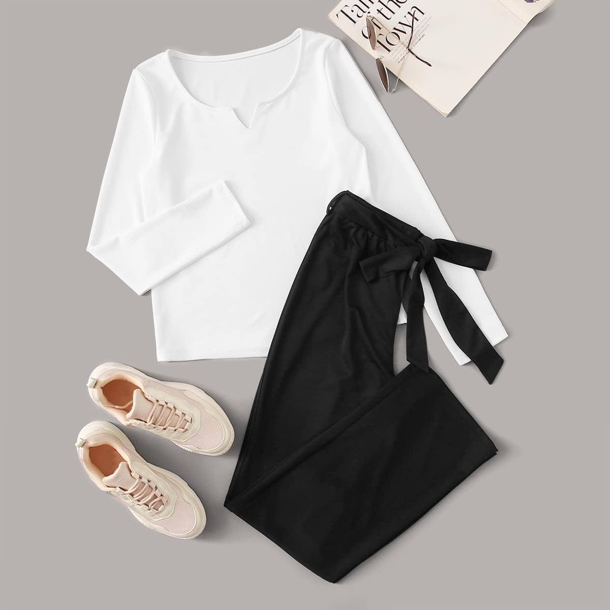 

Notched Neck Solid Tee & Belted Pants, Black and white