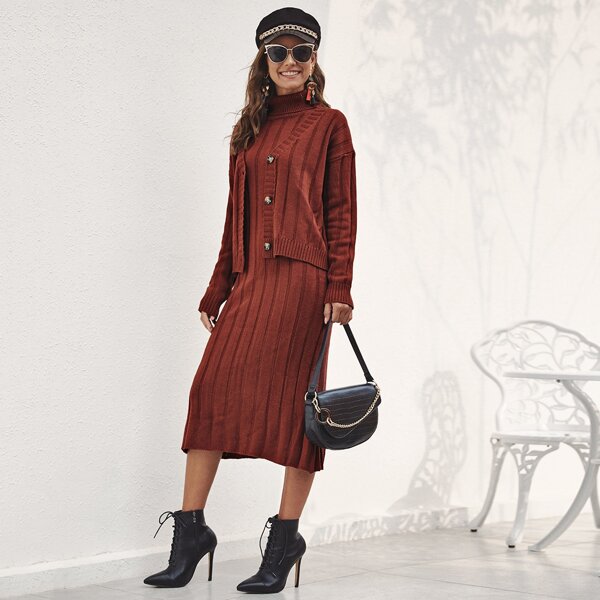 

Solid Button Through Cardigan & Turtleneck Sweater Dress, Red