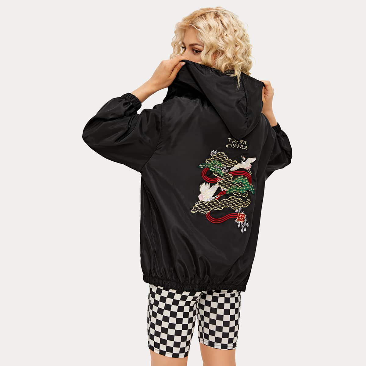 

Animal & Letter Embroidery Zip-up Windbreaker Jacket, Black