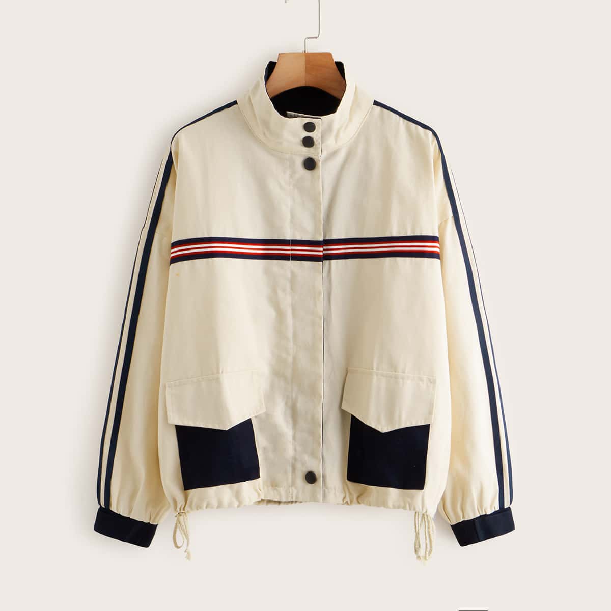 

Side Striped Pocket Front Drawstring Hem Utility Jacket, Khaki