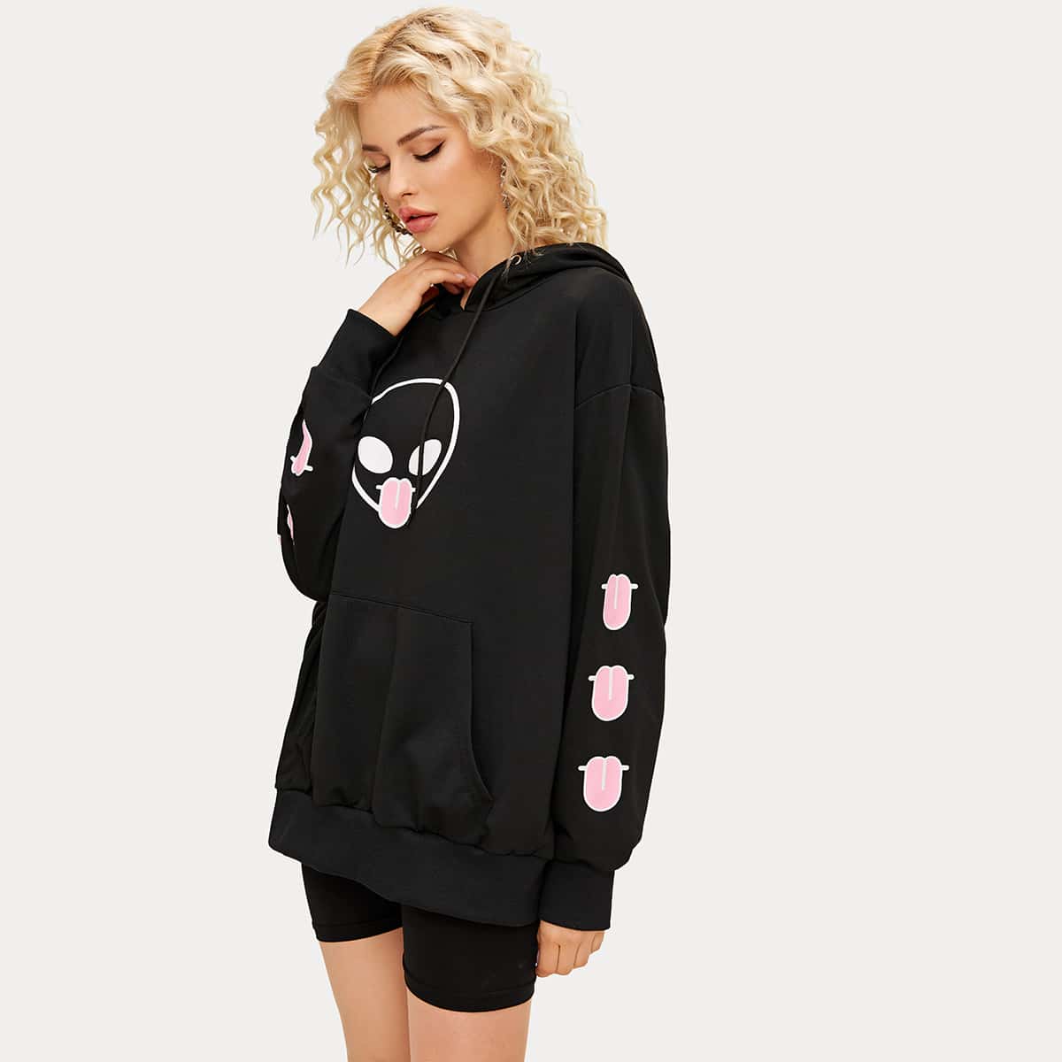 

Alien Print Kangaroo Pocket Oversized Hoodie, Black