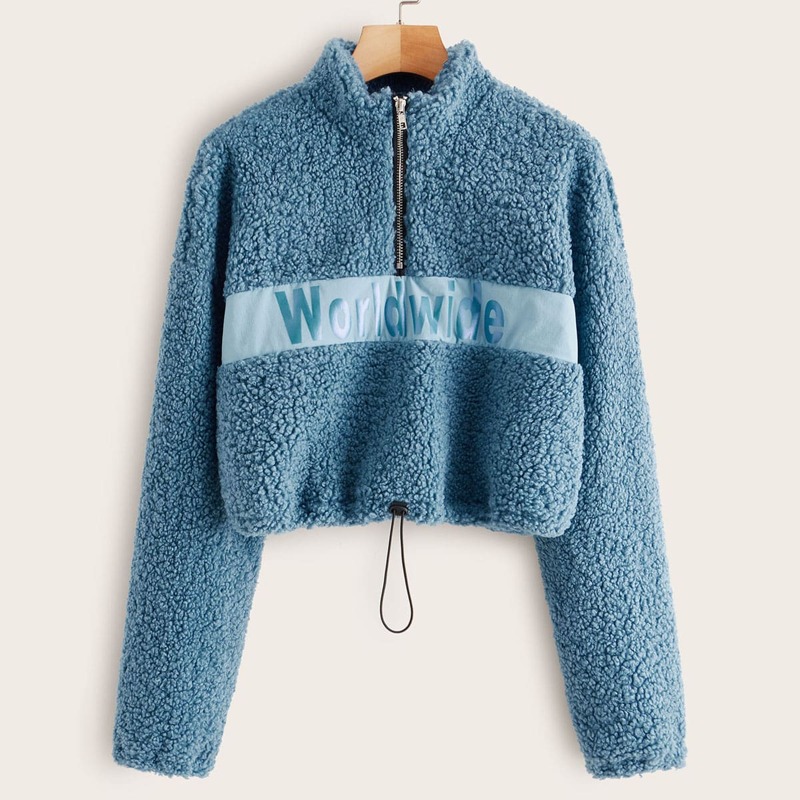 

Letter Graphic Half Zip Drawstring Hem Teddy Sweatshirt, Blue